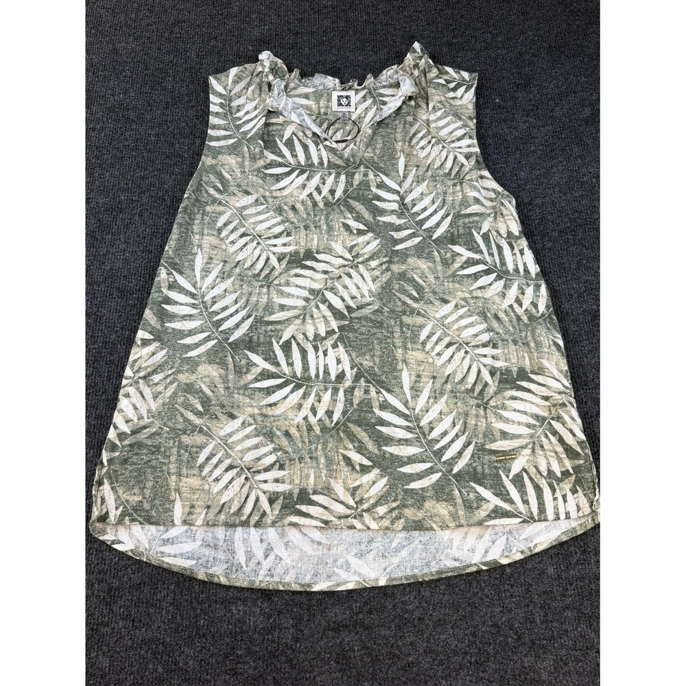 Anne Klein Sleeveless Ruffle Collar Leaf Print Top Green White Medium